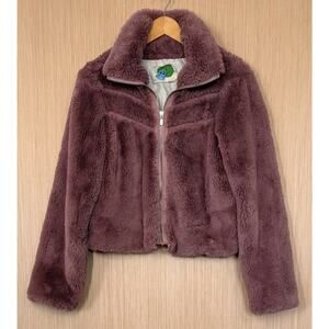 Anthropologie Faux Fur Lace Chevron Bomber Jacket Womens Size Small Dusty Mauve